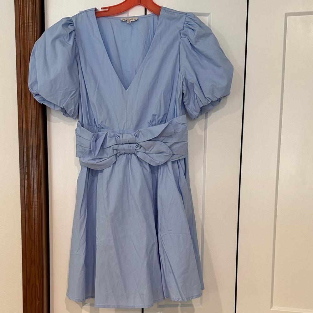 Moon River Light Blue Puff Sleeve Dress